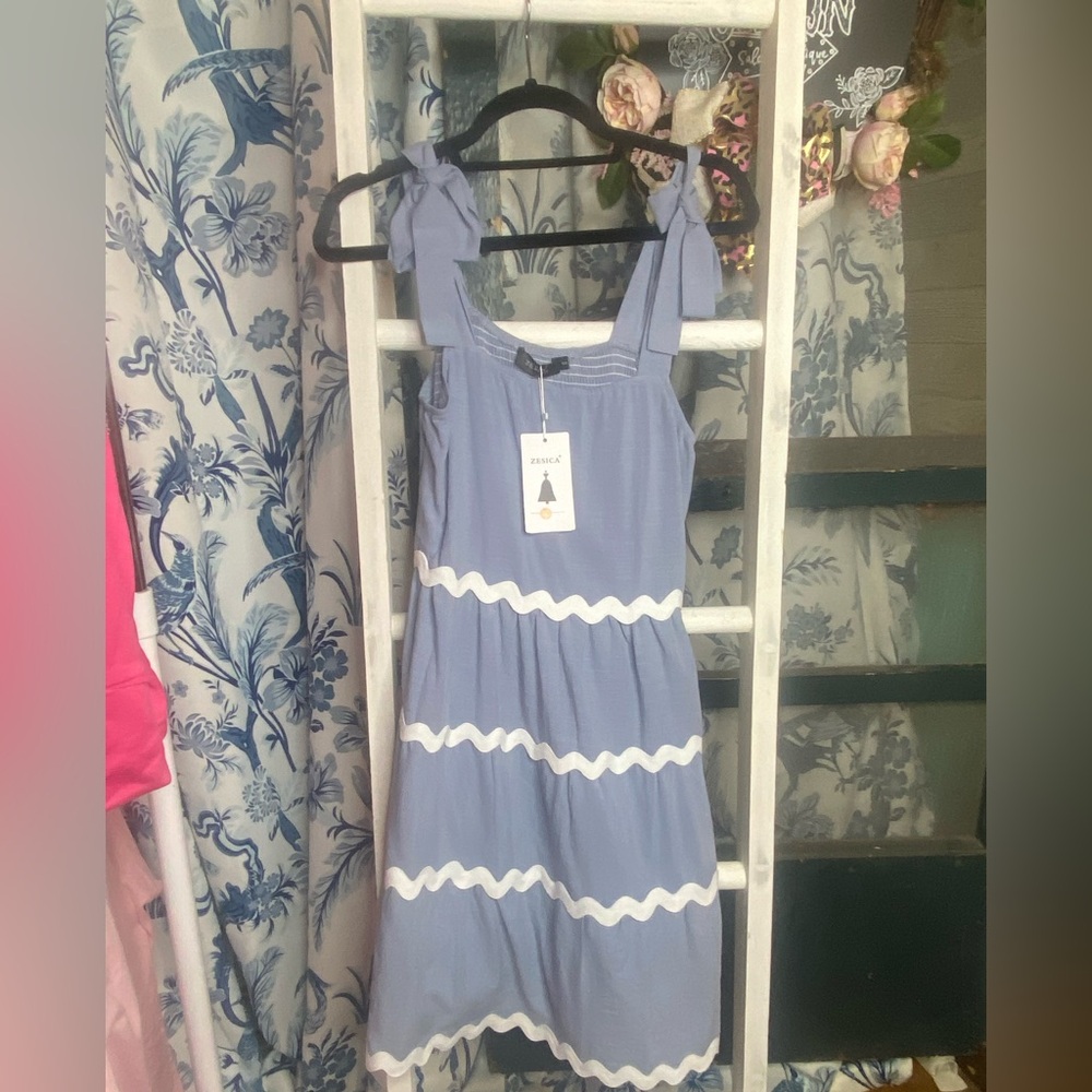 Blue and White Sleeveless Dress